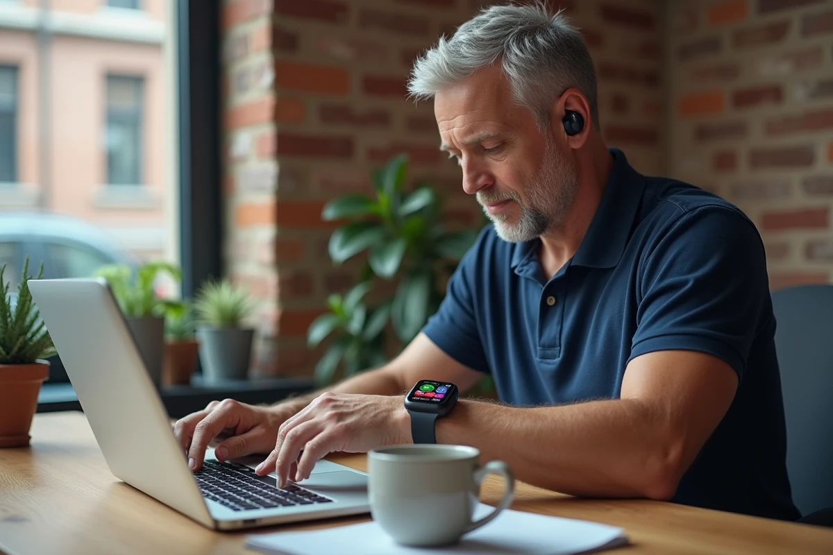 Homme au bureau à domicile utilisant une montre connectée et des écouteurs sans fil pour travailler