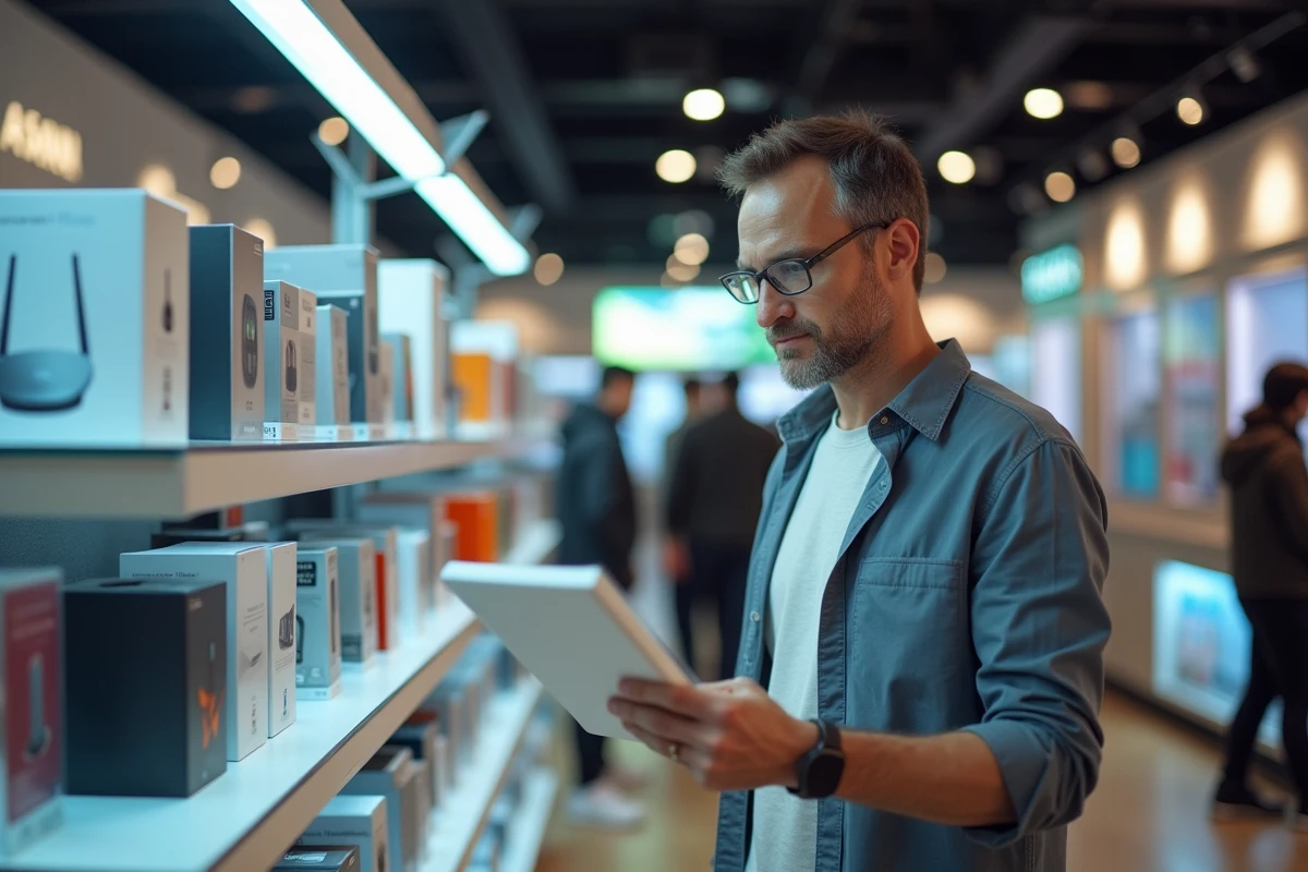 Homme examine box internet dans un magasin d