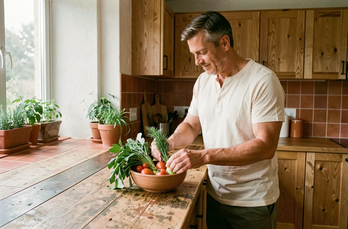 Homme serein préparant des légumes frais et des herbes dans une cuisine rustique et lumineuse, ambiance quotidienne apaisante