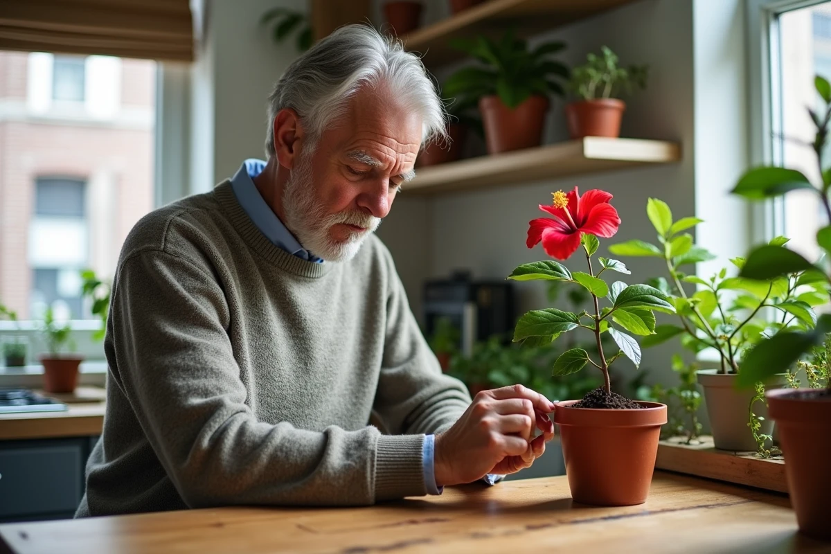 Homme vérifiant l’humidité du sol d’un hibiscus en cuisine