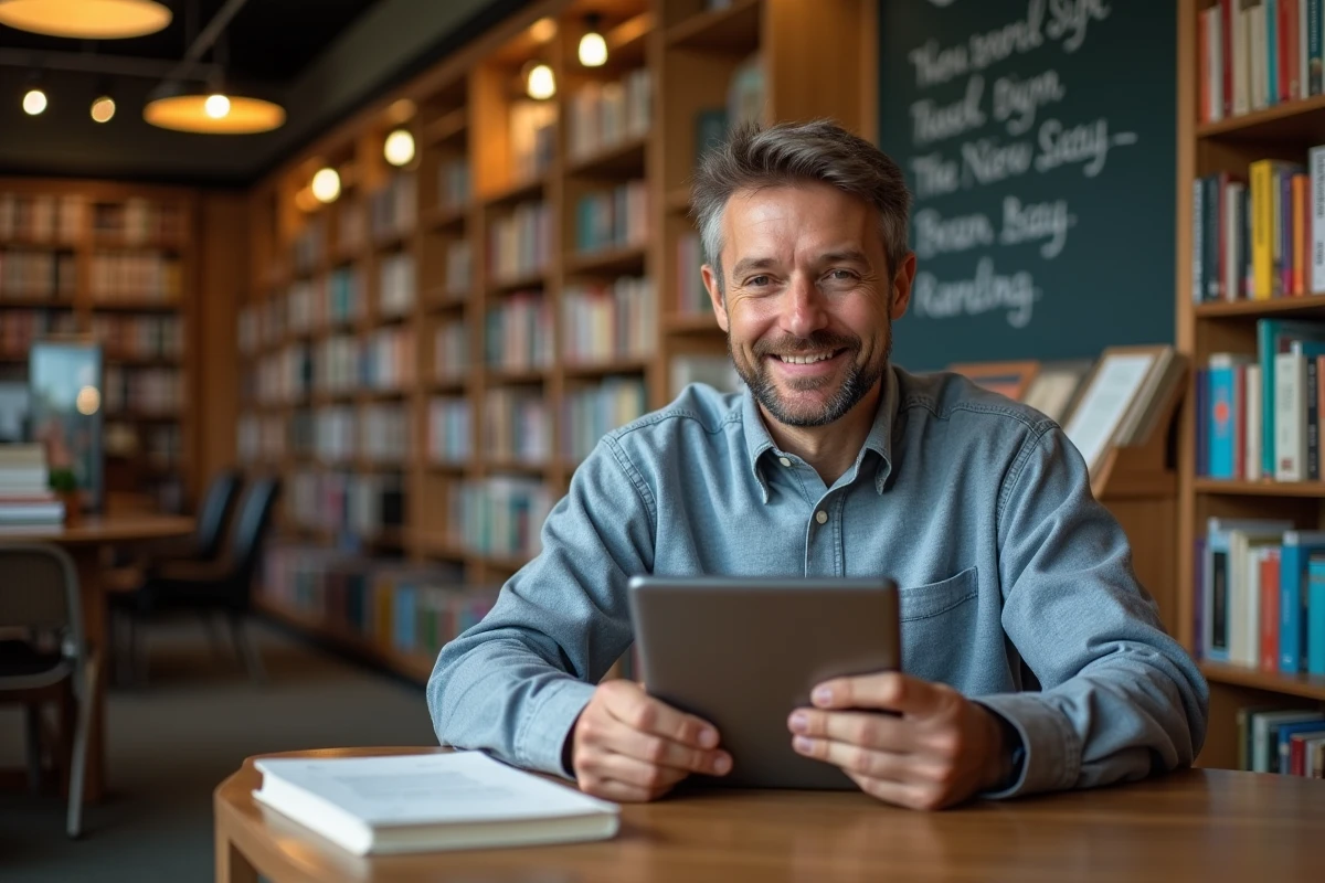 Homme souriant vérifiant la couverture de son livre dans une librairie chaleureuse