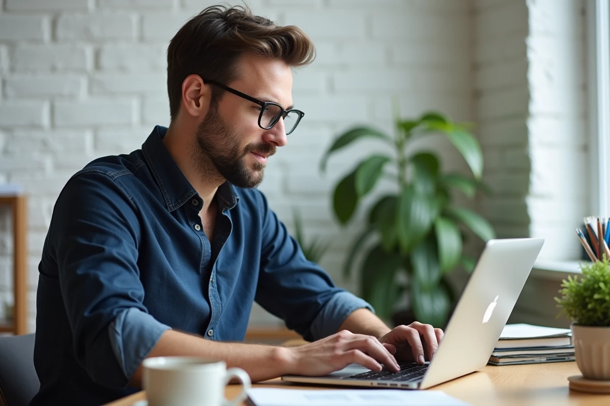 Homme naviguant sur une plateforme d'ebooks gratuits en ligne depuis son bureau à domicile