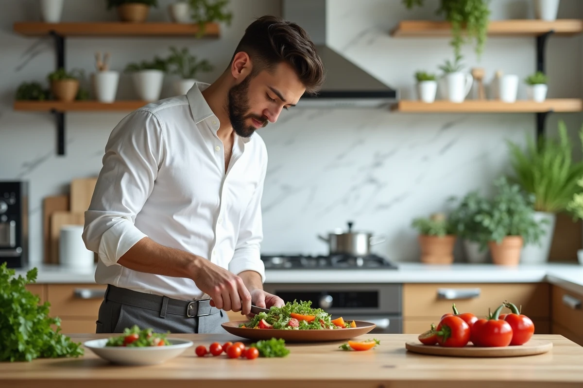 Homme préparant une salade dans une cuisine lumineuse