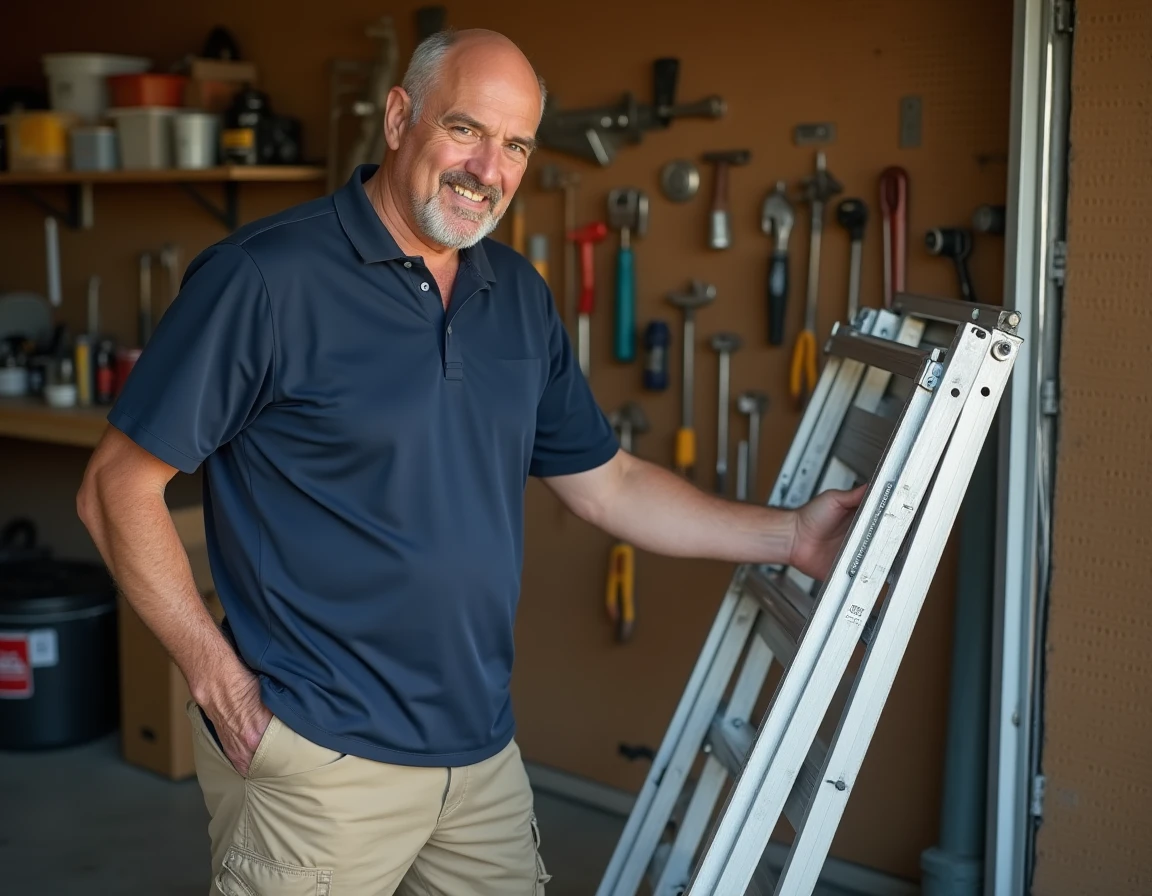 Homme en tenue de travail manipulant une rampe de chargement pliable en aluminium dans un garage atelier