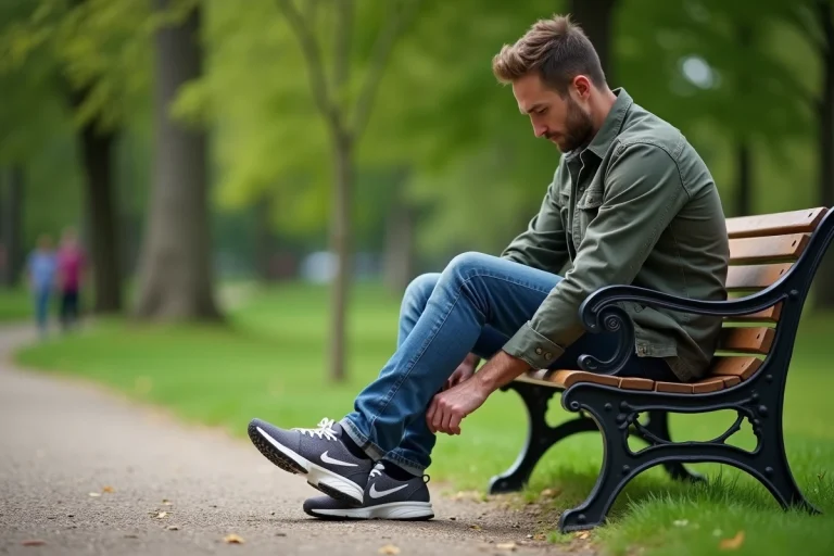 Homme assis sur un banc ajustant sa sneaker dans un parc