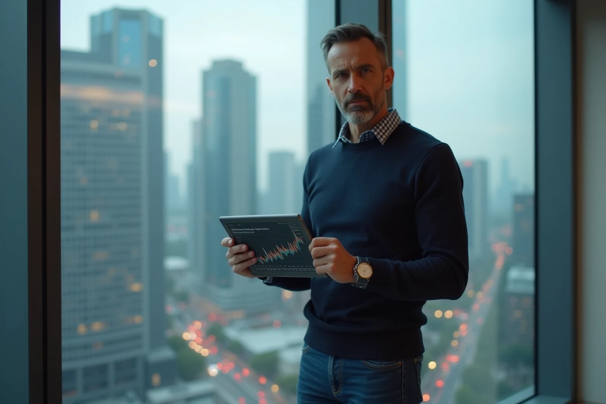 Homme regardant un graphique économique sur sa tablette