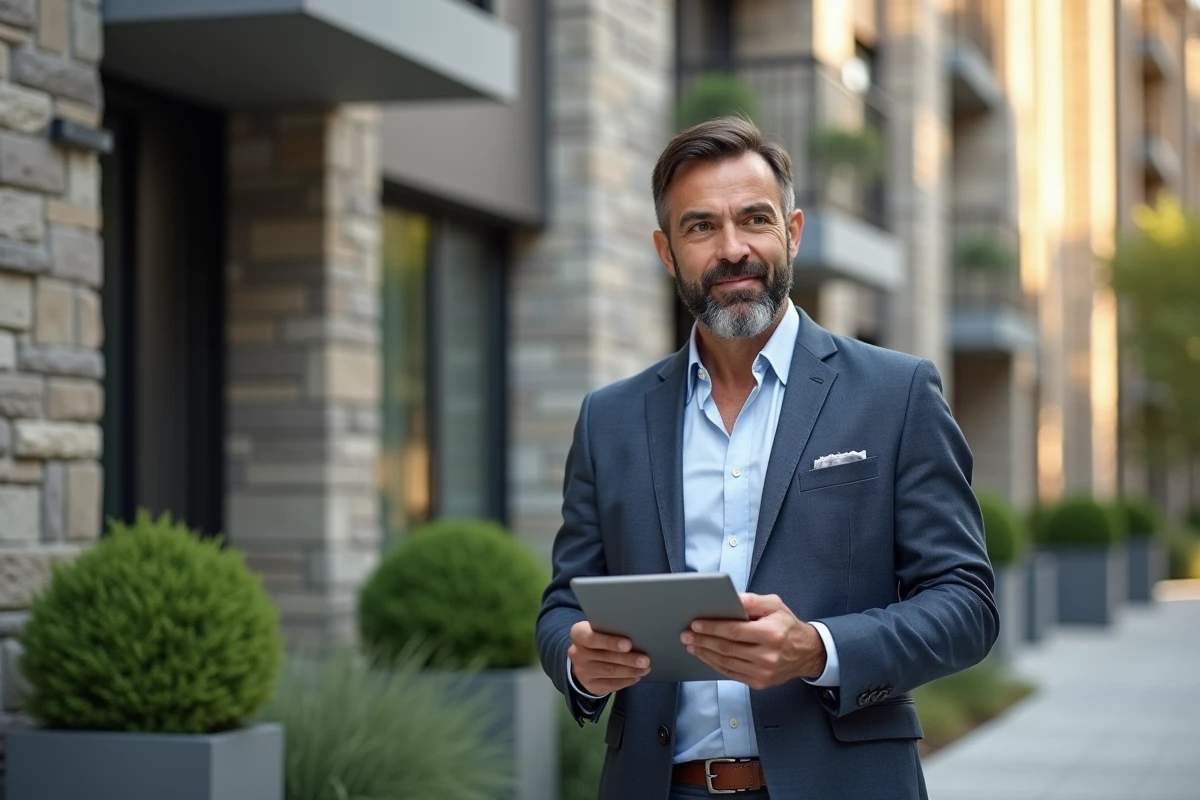 Homme professionnel examinant des plans devant un immeuble rénové