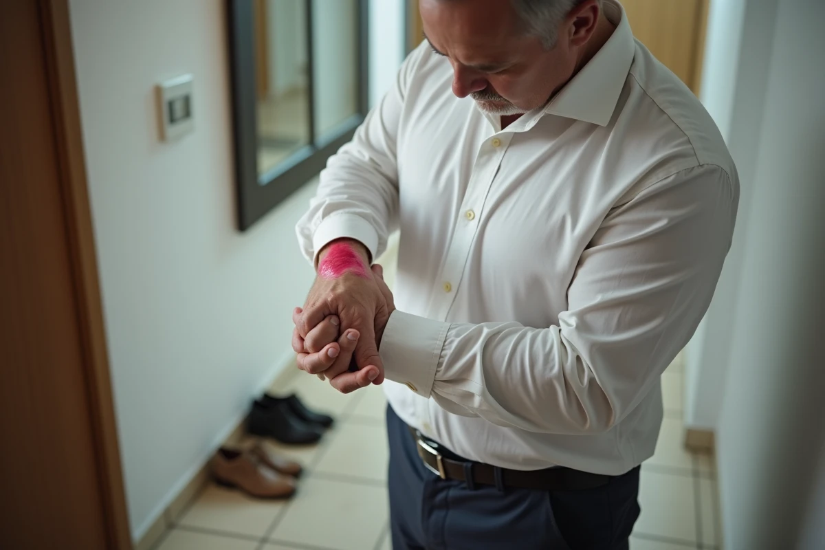 Homme inspectant une tache rose sur sa chemise à l