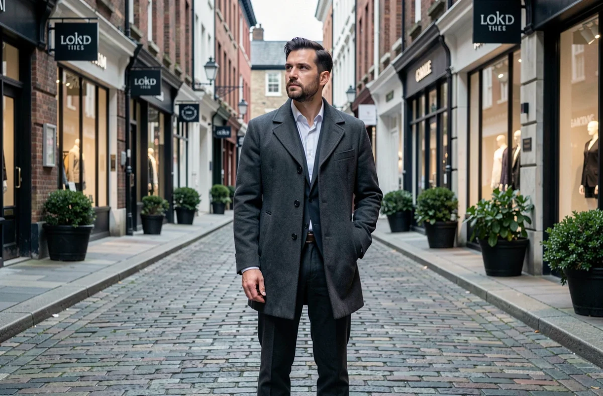 Homme en manteau structuré incarnant les inspirations mode urbaines et éditoriales de NewCom inc