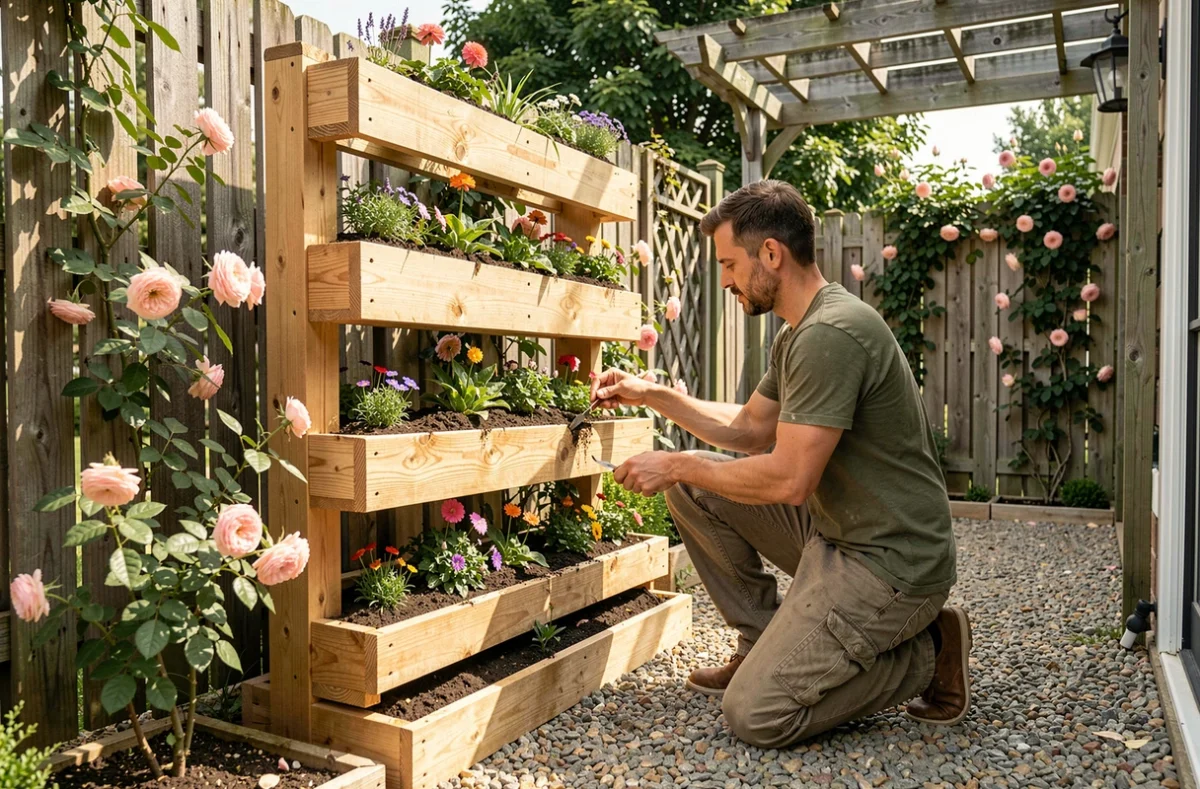 Homme installant un jardin vertical en palette bois avec des fleurs colorées dans un jardin de banlieue