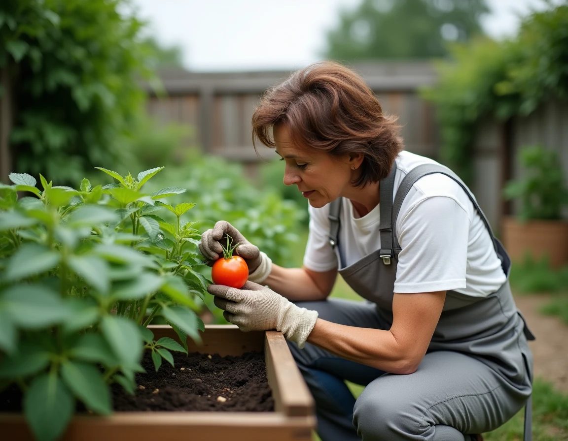 Femme jardinière examinant une plante de tomate avec une loupe pour détecter la présence d'insectes rouges nuisibles