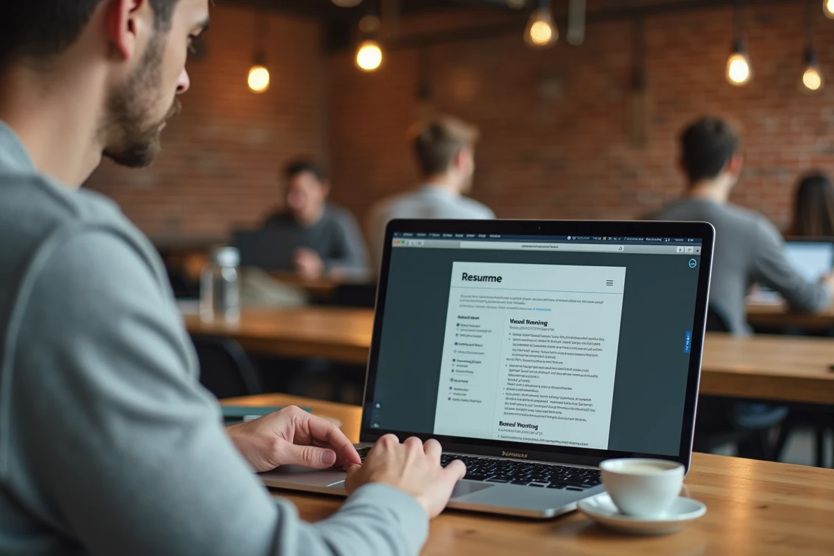 Jeune homme travaillant sur son CV informatique dans un espace de coworking moderne avec laptop ouvert