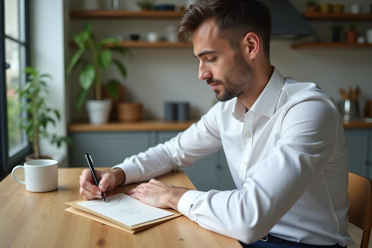 Jeune homme écrivant une adresse sur une lettre dans une cuisine