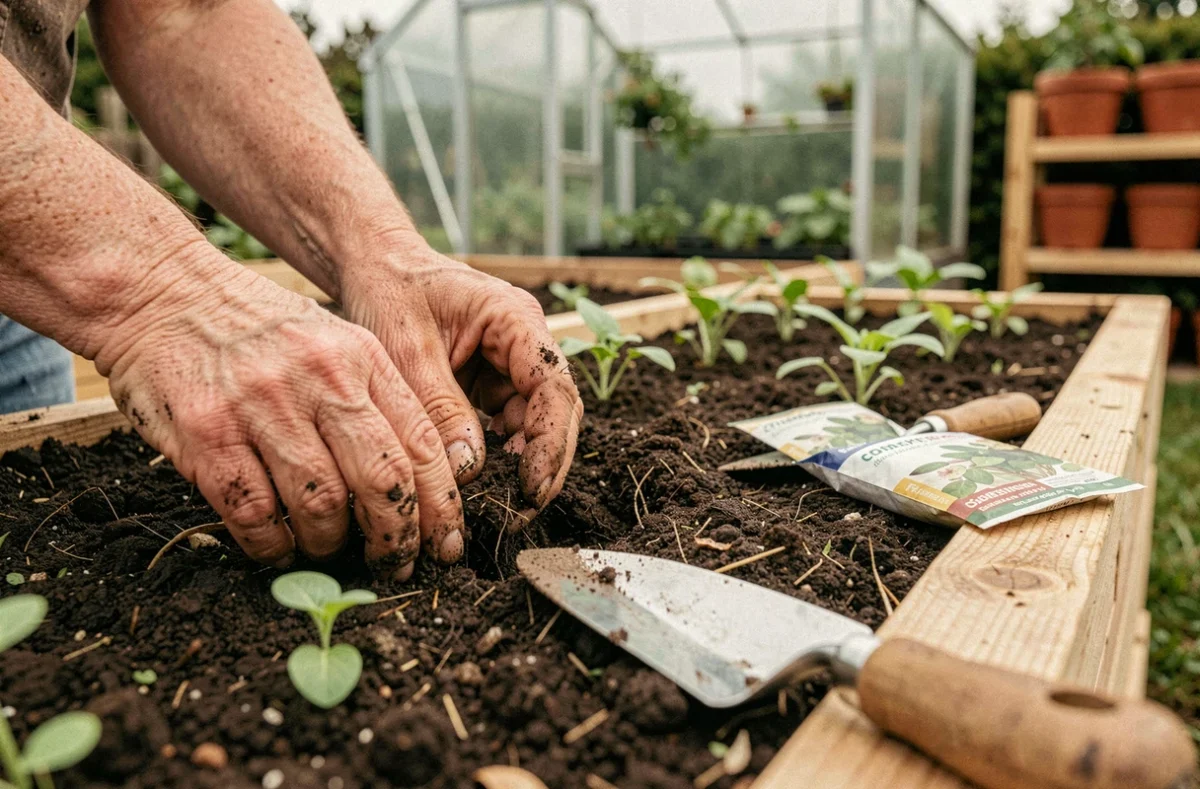 Mains de jardinière plantant des semis dans un carré potager en bois rempli de compost riche