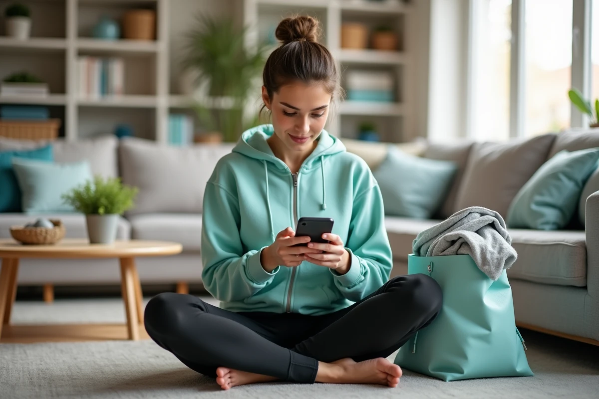 Maman détendue sur le canapé utilisant une application de productivité sur smartphone pour gérer ses tâches familiales