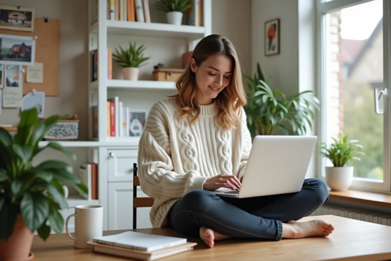 Maman blogueuse travaillant sur son ordinateur portable dans un bureau cosy aménagé à la maison, entourée de livres et de plantes vertes