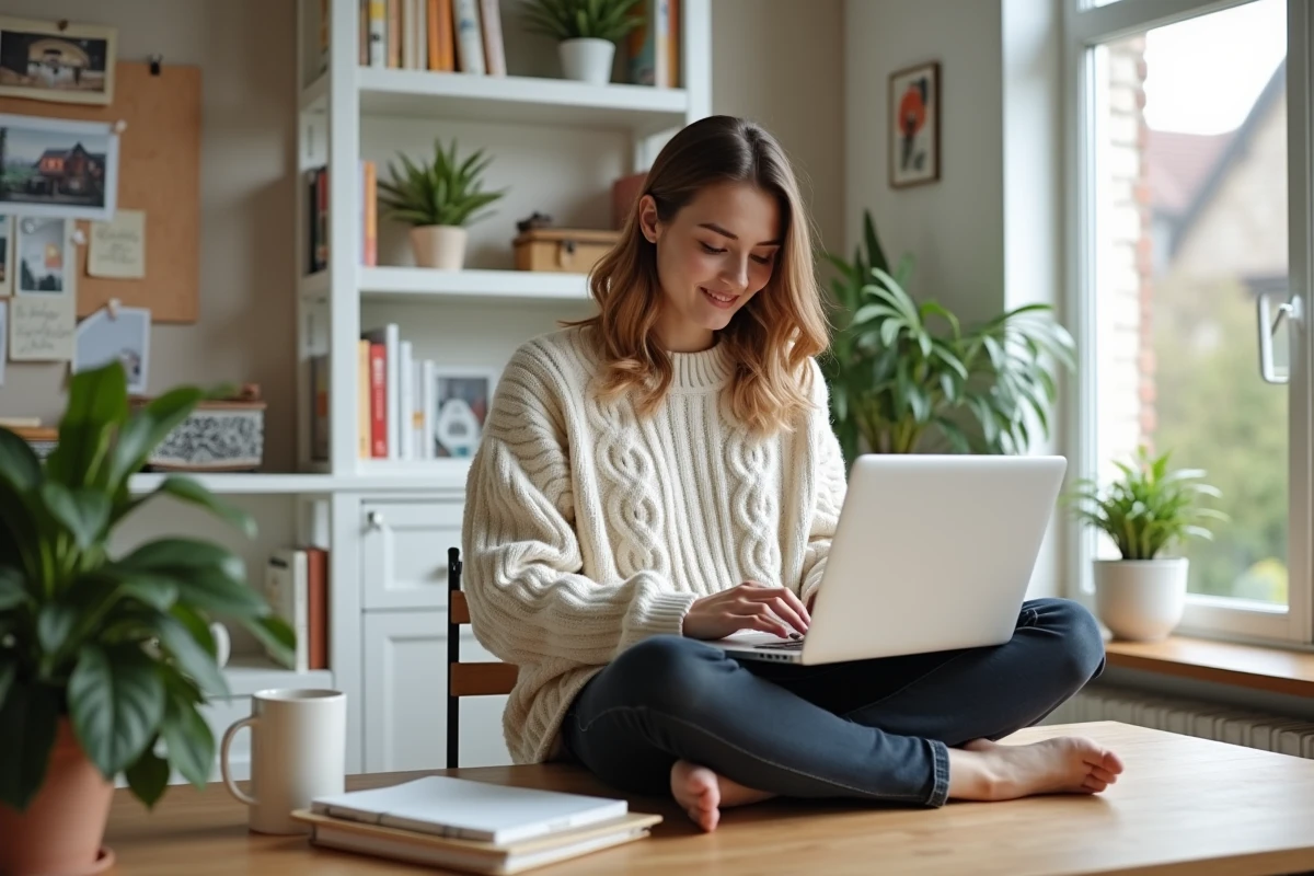 Maman blogueuse travaillant sur son ordinateur portable dans un bureau cosy aménagé à la maison, entourée de livres et de plantes vertes