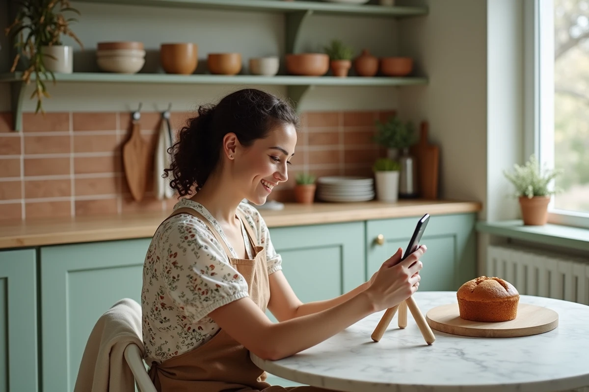 Blogueuse culinaire et maman photographiant un gâteau maison dans une cuisine familiale chaleureuse avec carrelage terracotta