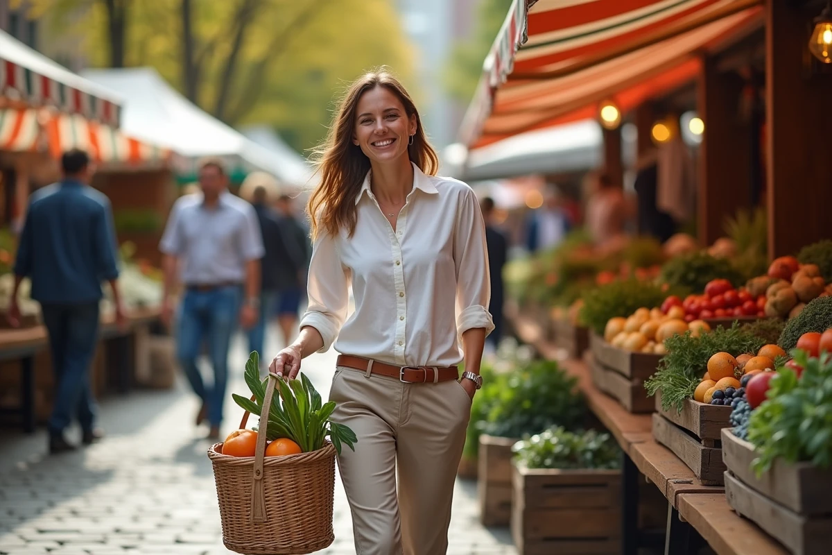 Maman blogueuse souriante se promenant dans un marché de producteurs avec une poussette en osier et un sac rempli de légumes frais