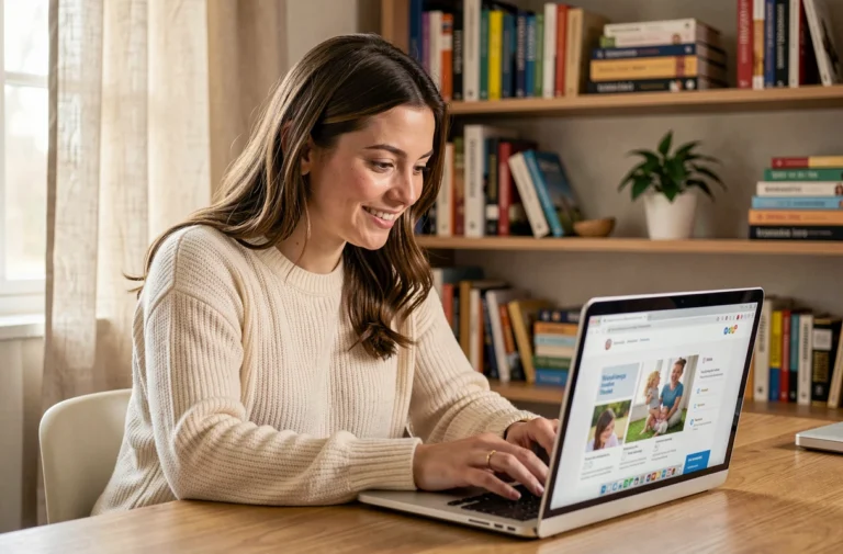 Jeune maman consultant les pages utiles d'un site de conseils bébé sur son ordinateur portable depuis son bureau à domicile
