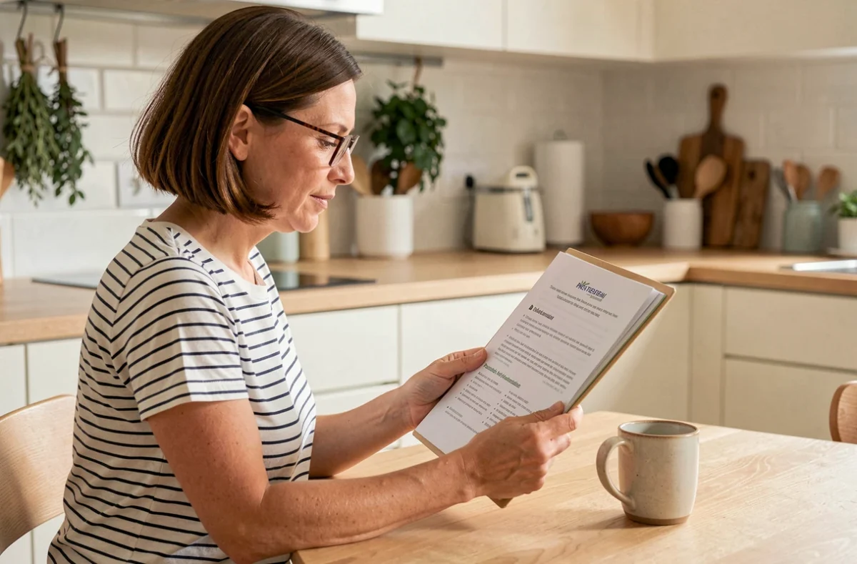 Maman attentive lisant des pages imprimées d'informations sur un site de conseils bébé à la table de sa cuisine