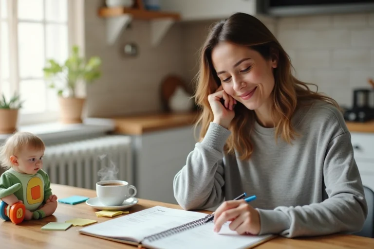 Maman organisée assise à la table de cuisine avec un agenda et une tasse de café, planifiant sa semaine