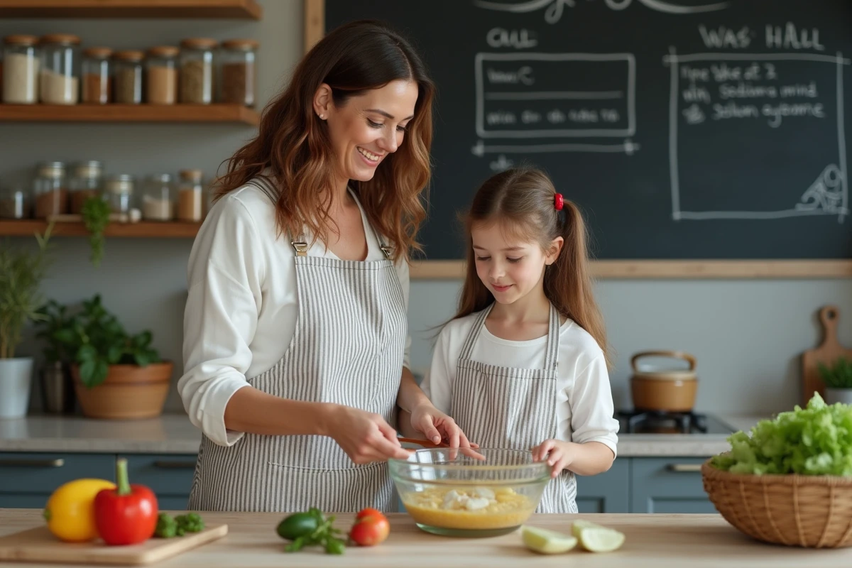 Mère et fille préparant un repas ensemble dans une cuisine moderne avec un planning de repas au tableau