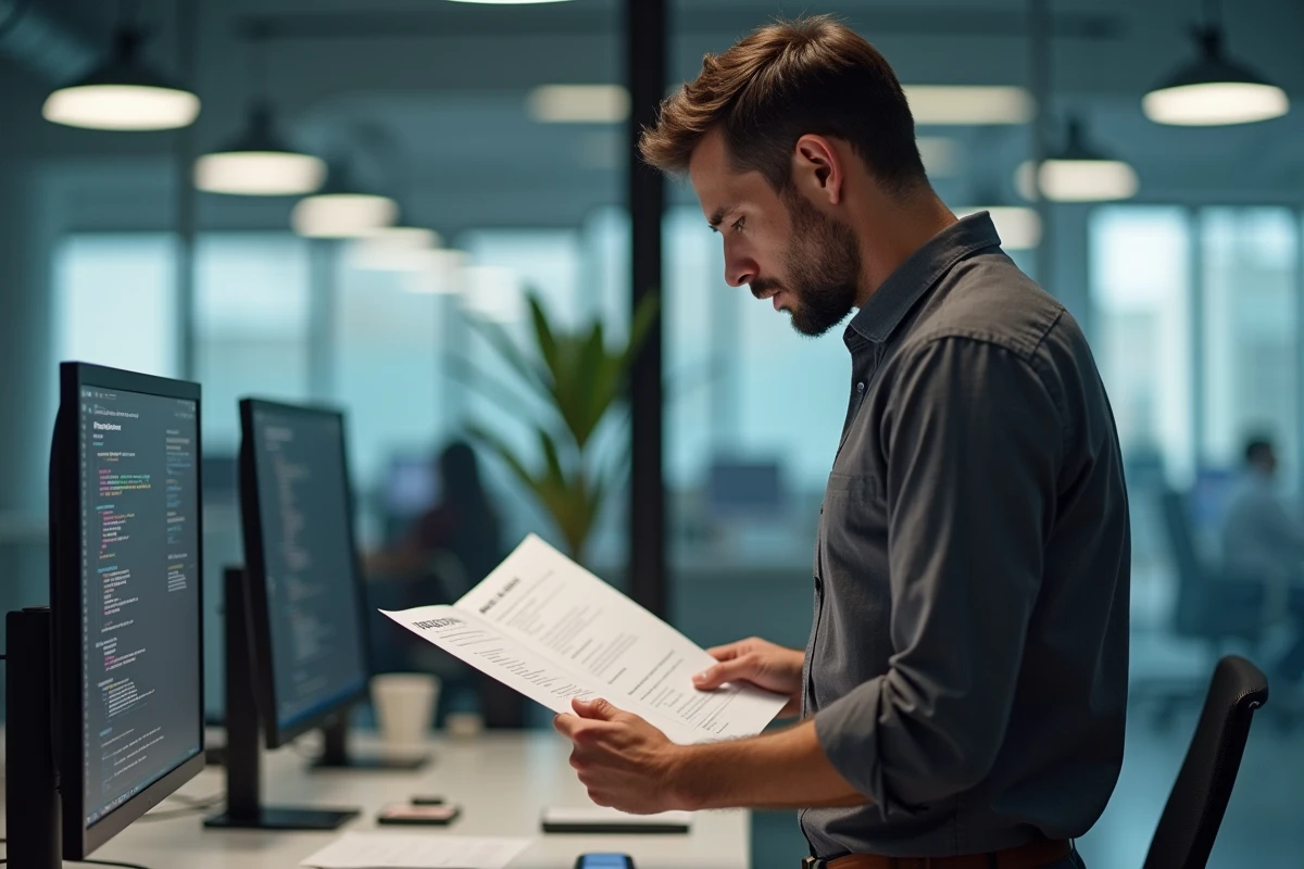 Manager expérimenté comparant deux versions de CV avec compétences informatiques dans un bureau en open space