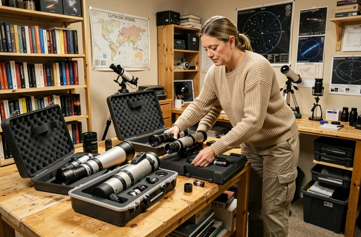 Femme astronome déballant soigneusement un télescope réfracteur et des oculaires de haute valeur dans un atelier d'astronomie, soulignant l'importance de l'assurance pour le matériel optique