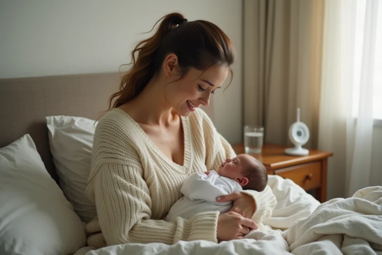 Mère fatiguée mais attendrie tenant son nouveau-né contre elle dans une chambre douce et intime, illustrant les réalités méconnues de la parentalité
