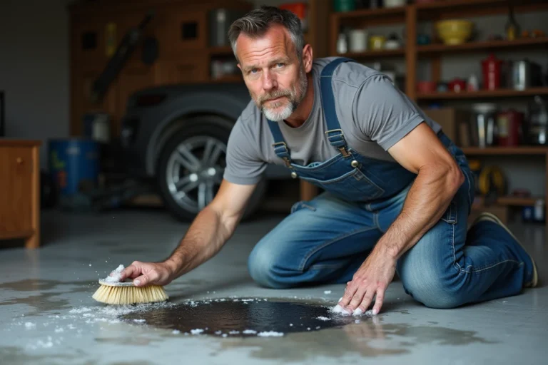 Homme en train de frotter une trace de pneu sur un sol en béton de garage avec une brosse rigide et un produit nettoyant