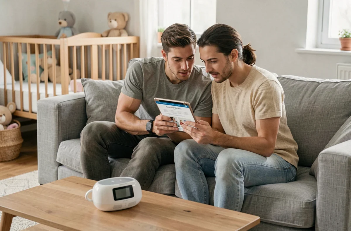 Couple de jeunes parents explorant ensemble les ressources et pages d'un site de conseils maternité et bébé sur une tablette