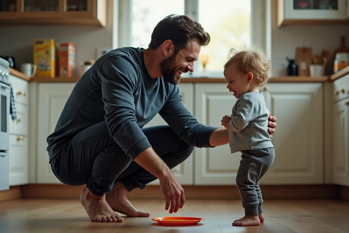 Père patient accroupi face à un enfant en pleine crise de colère sur le sol d'une cuisine familiale, scène authentique de parentalité quotidienne