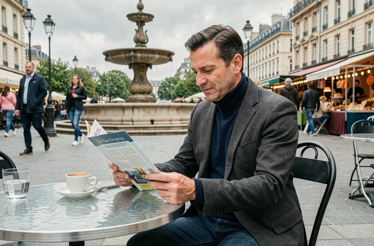 Homme consultant un programme culturel attablé en terrasse dans une place parisienne animée