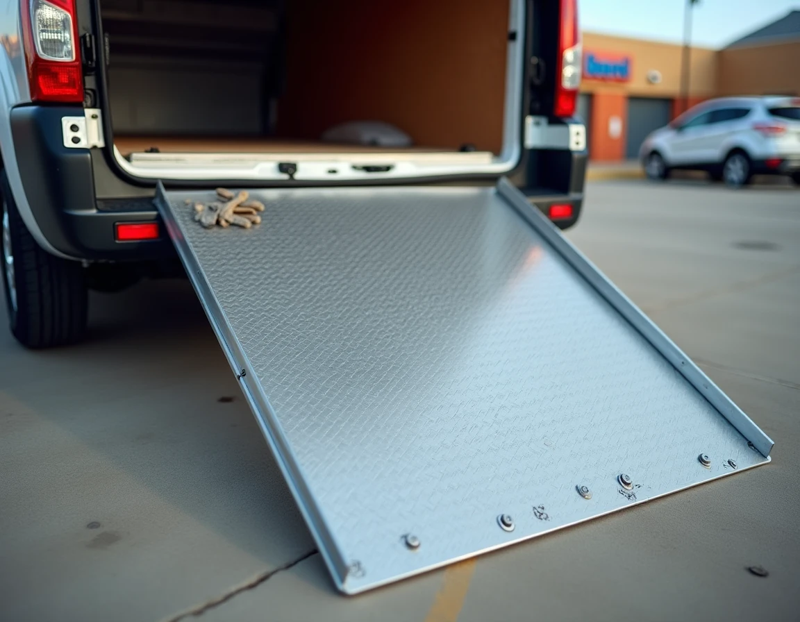 Rampe de chargement aluminium Brico Dépôt posée contre un fourgon blanc dans un parking de grande surface de bricolage