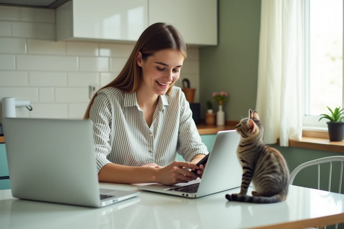 Jeune femme recherchant une garde d'animaux gratuite à domicile sur son téléphone avec son chat tabby sur la table de cuisine