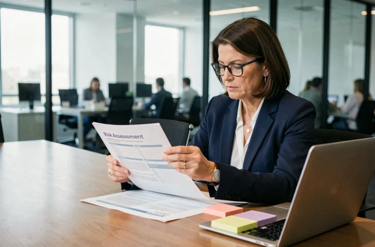 Responsable RH analysant un document DUERP dans une salle de réunion d'entreprise moderne