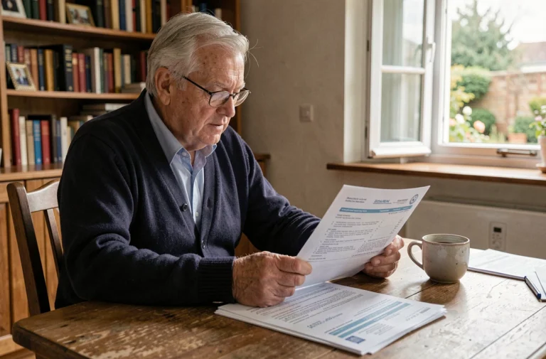 Retraité de La Poste consultant ses documents de pension à domicile