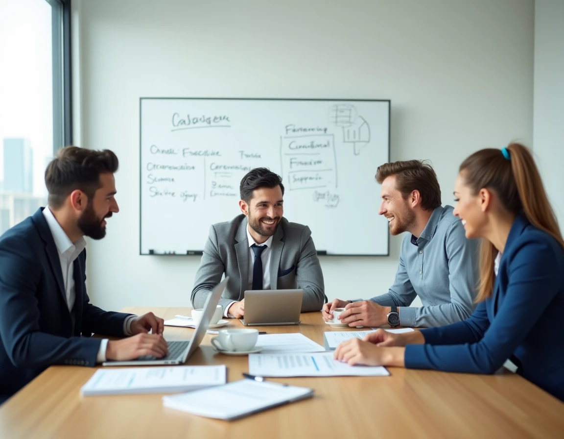 Équipe de professionnels en réunion de stratégie d'entreprise autour d'une table de conférence avec vue sur la ville