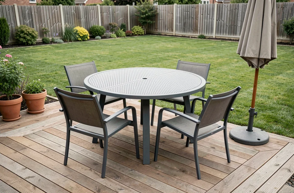 Table de jardin ronde en acier gris avec six chaises installée dans un jardin familial suburban bien entretenu