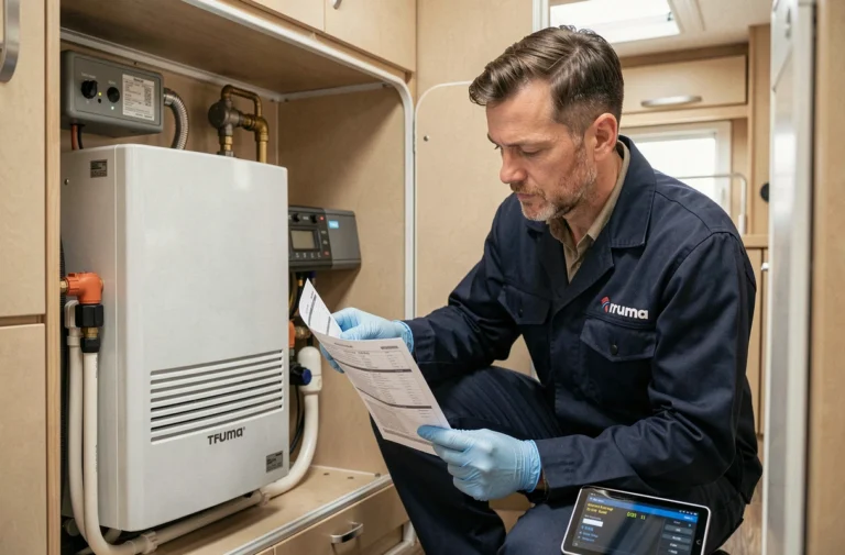 Technicien diagnostiquant un code panne sur un chauffage Truma Combi à l'intérieur d'un camping-car