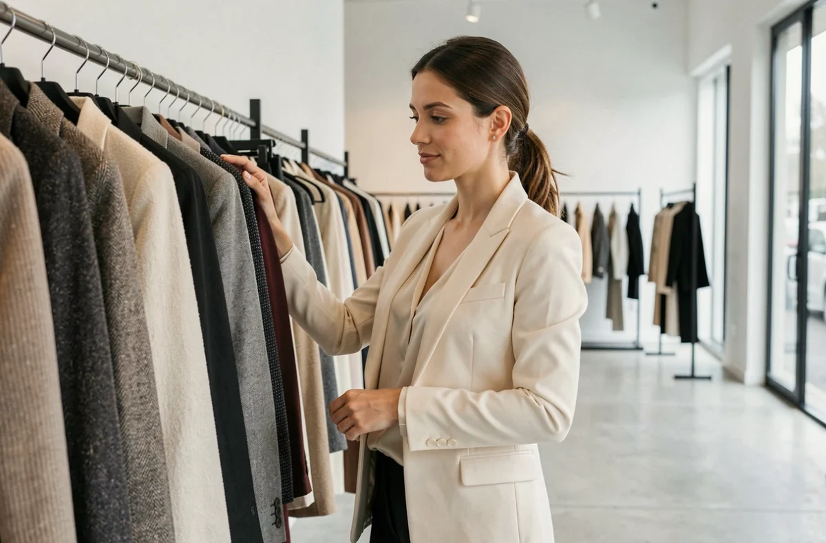 Femme élégante explorant les nouvelles tendances mode dans un showroom contemporain NewCom inc