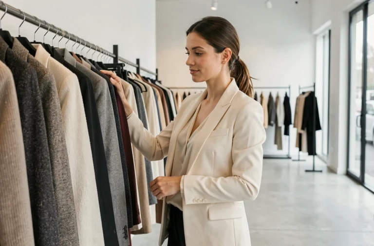 Femme élégante explorant les nouvelles tendances mode dans un showroom contemporain NewCom inc