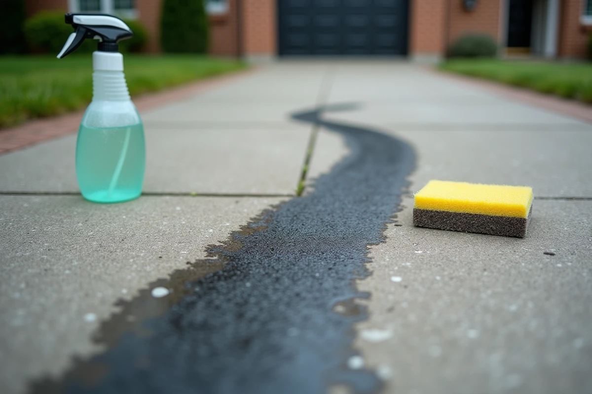 Trace noire de pneu sur une allée en béton avec un spray dégraissant et une éponge abrasive posés à côté